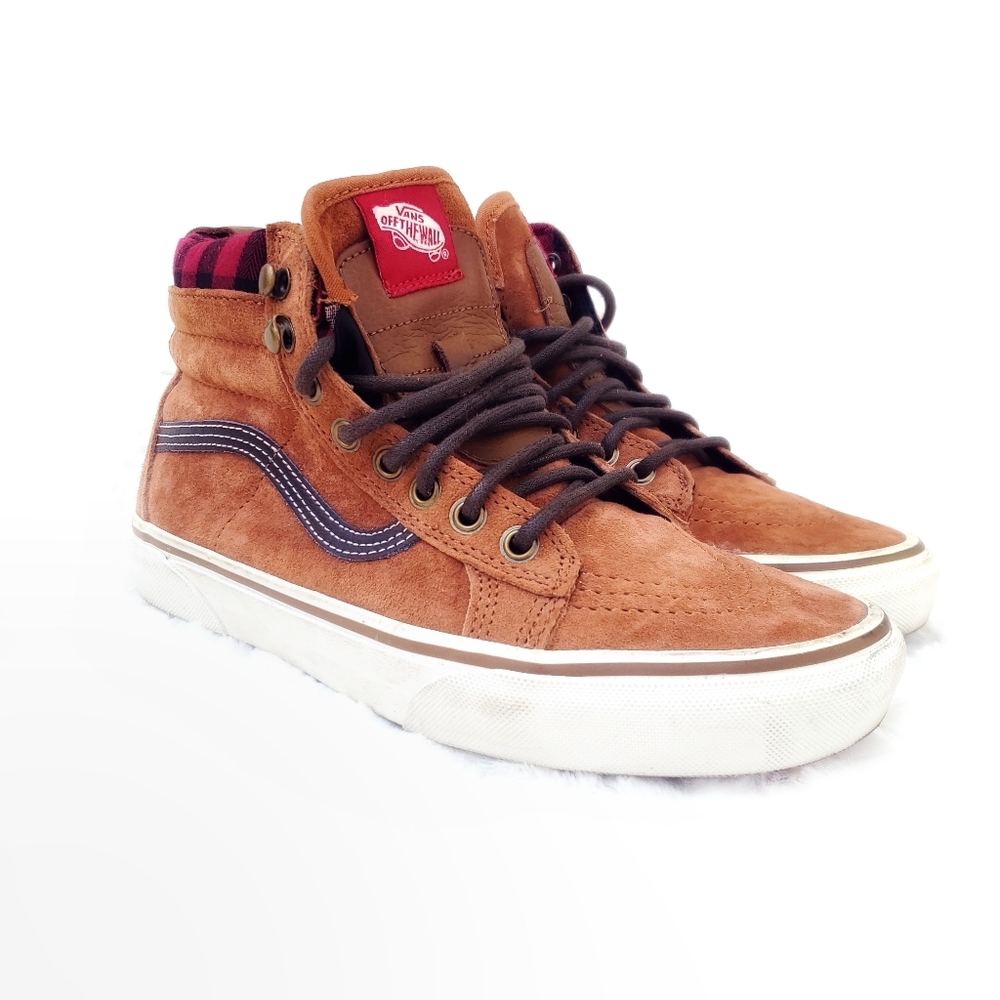 Vans SK8 MTE Leather Sneaker Brown Hi Top Red Check Buffalo Plaid Skate